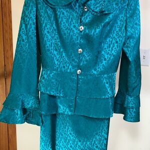 Chic Teal Leopard Print Blouse and Skirt Set